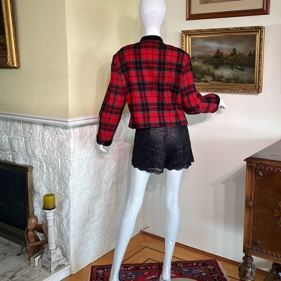 Vintage LizSport Liz Claiborne Tartan Plaid &. Velvet Tuxedo Jacket 40s Style - Picture 8 of 12